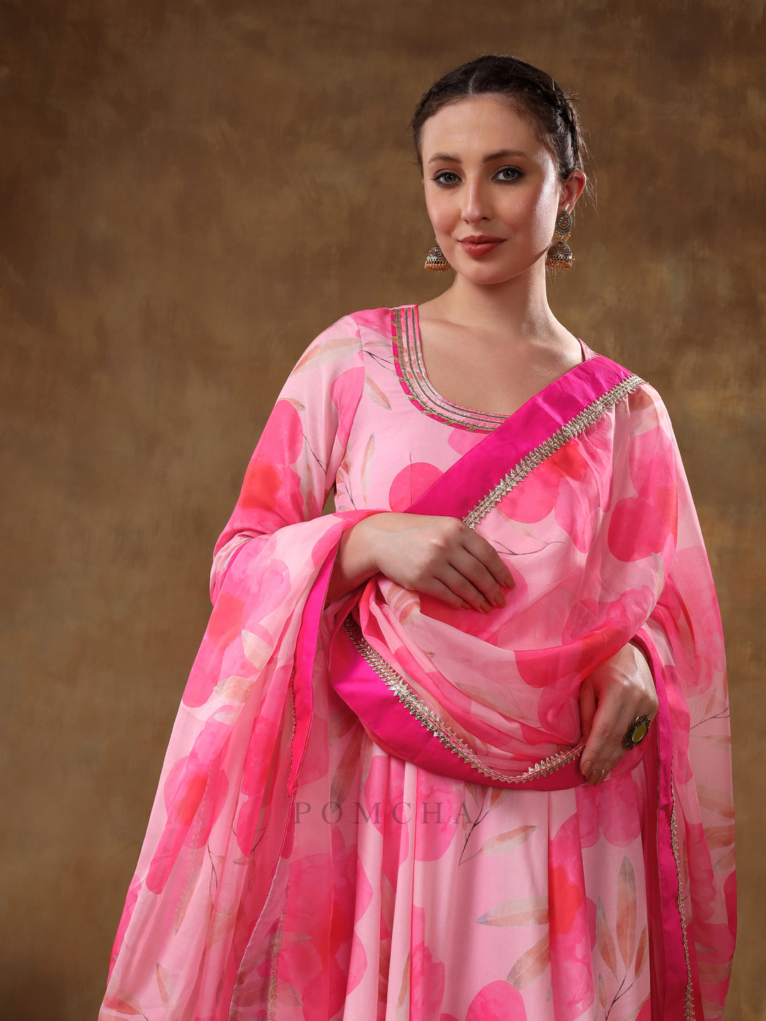 MERAKI FALAK PINK FLORAL GOTTA LACE WORK MUSLIN ANARKALI WITH ORGANZA DUPATTA