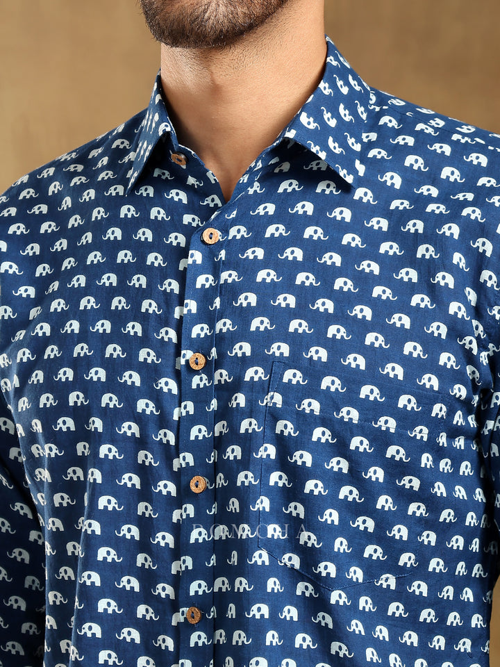 MADKAL BLUE COTTON HAND BLOCK SHIRT