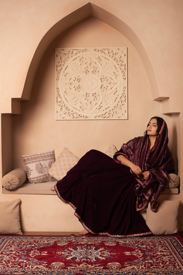 GHAZAL BURGUNDY VELVET ANARKALI SET WITH COSMOS SILK DUPATTA