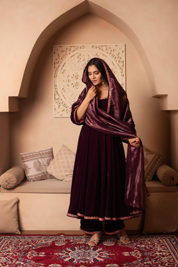 GHAZAL BURGUNDY VELVET ANARKALI SET WITH COSMOS SILK DUPATTA