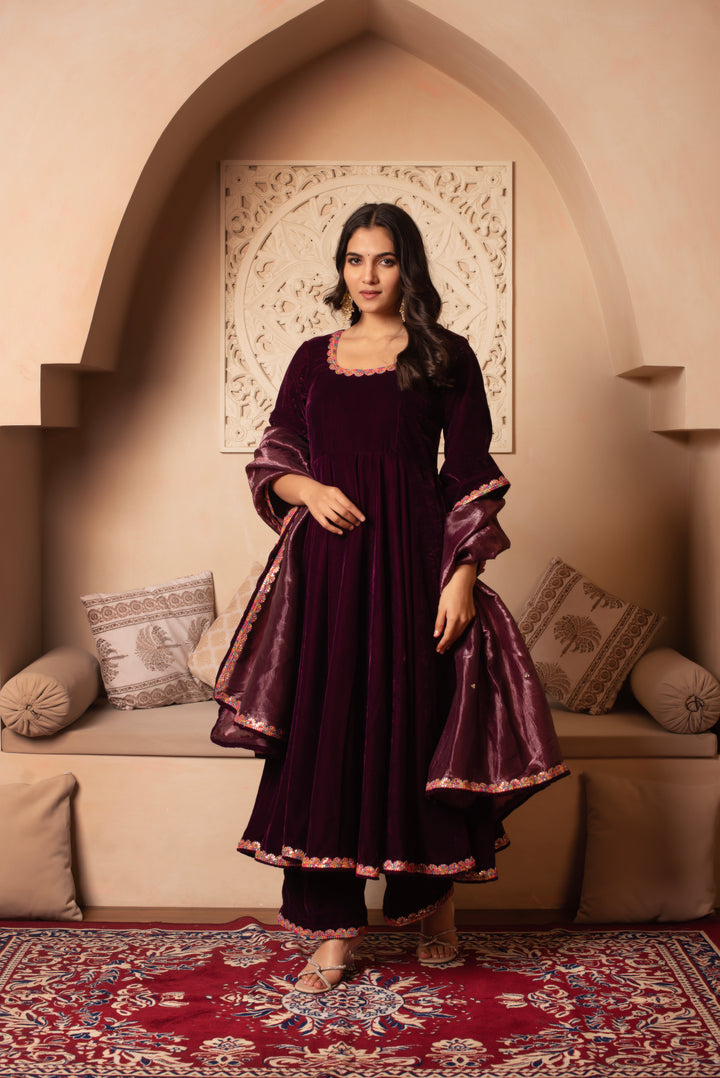 GHAZAL BURGUNDY VELVET ANARKALI SET WITH COSMOS SILK DUPATTA