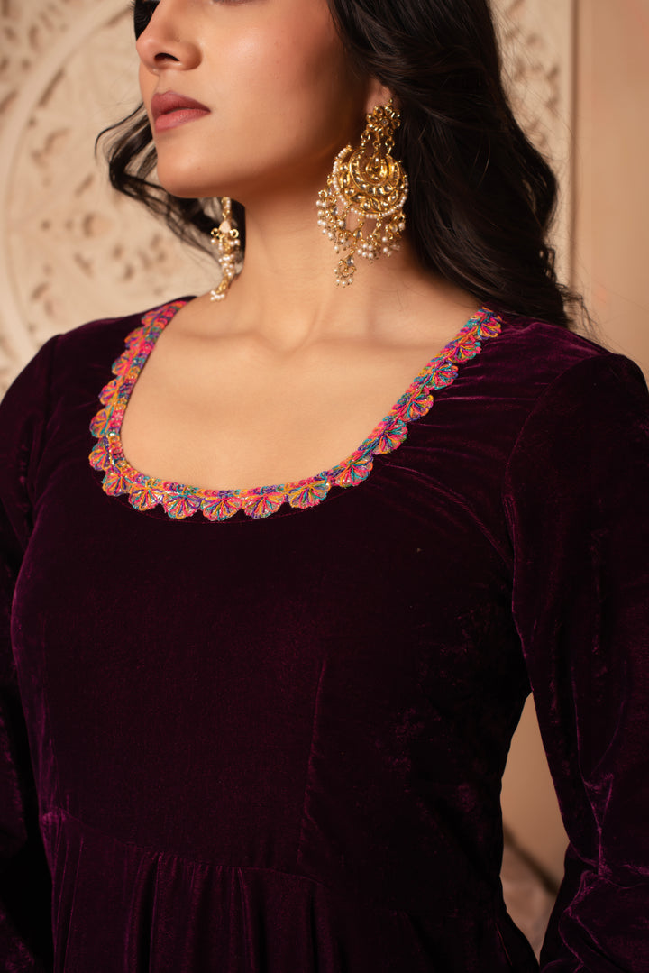 GHAZAL BURGUNDY VELVET ANARKALI SET WITH COSMOS SILK DUPATTA