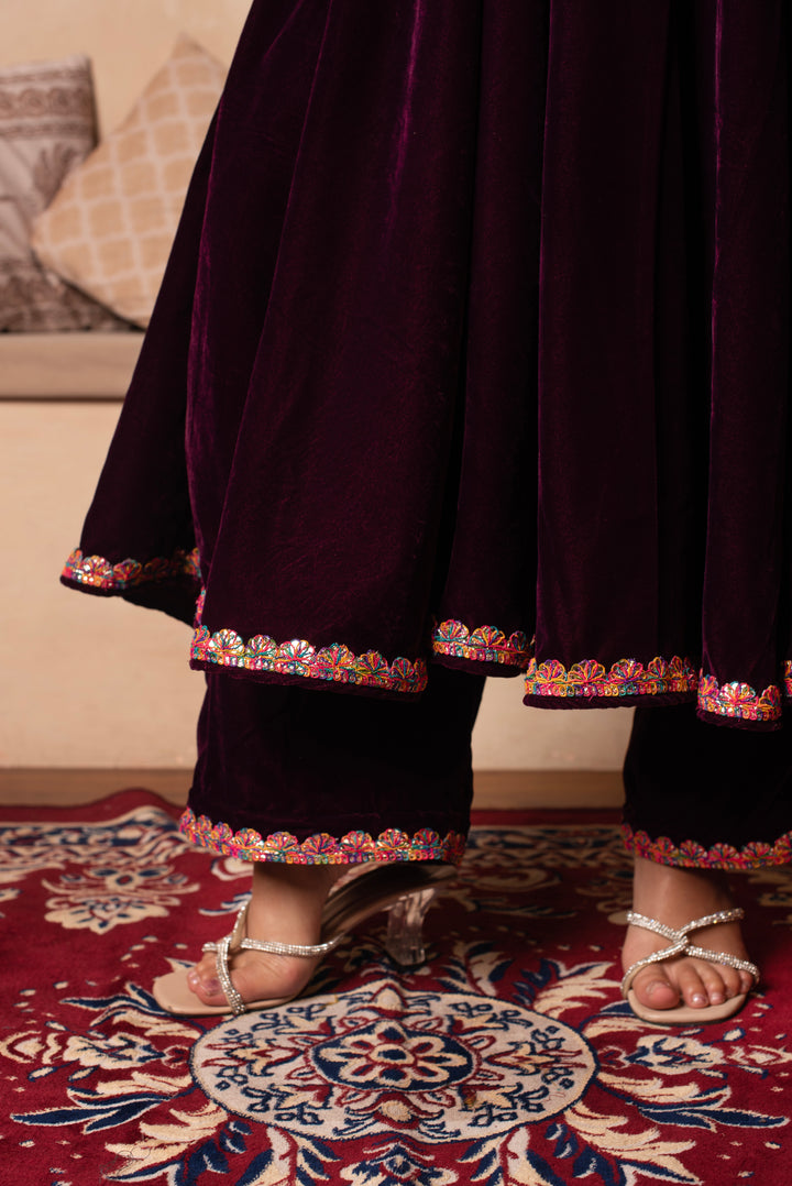 GHAZAL BURGUNDY VELVET ANARKALI SET WITH COSMOS SILK DUPATTA