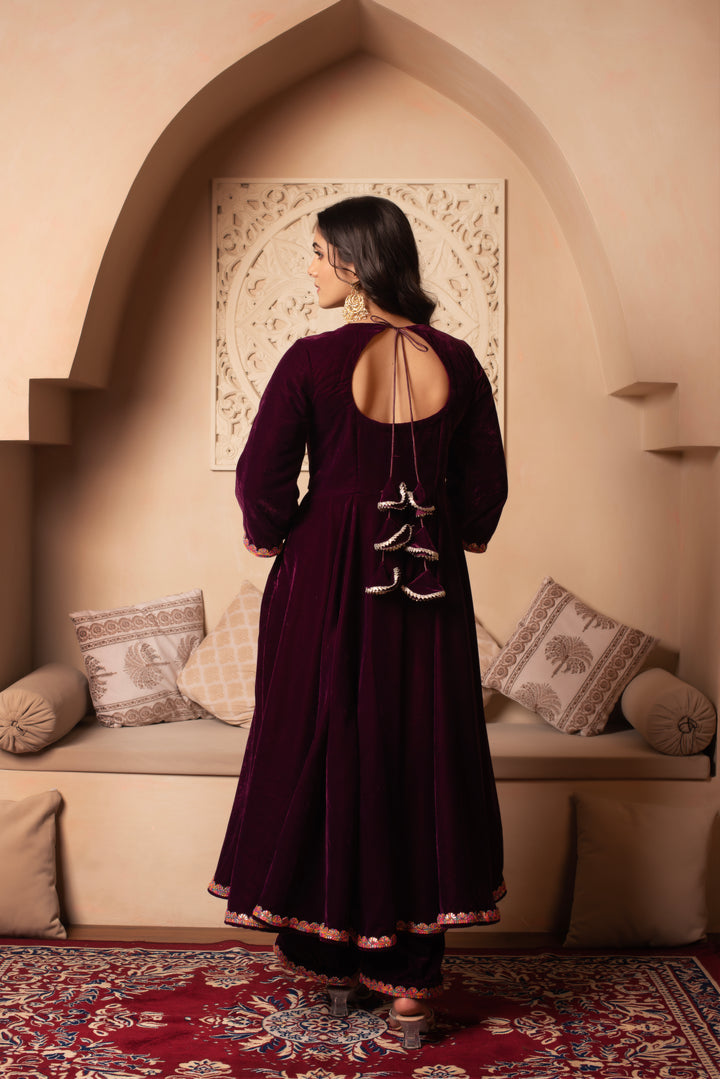 GHAZAL BURGUNDY VELVET ANARKALI SET WITH COSMOS SILK DUPATTA