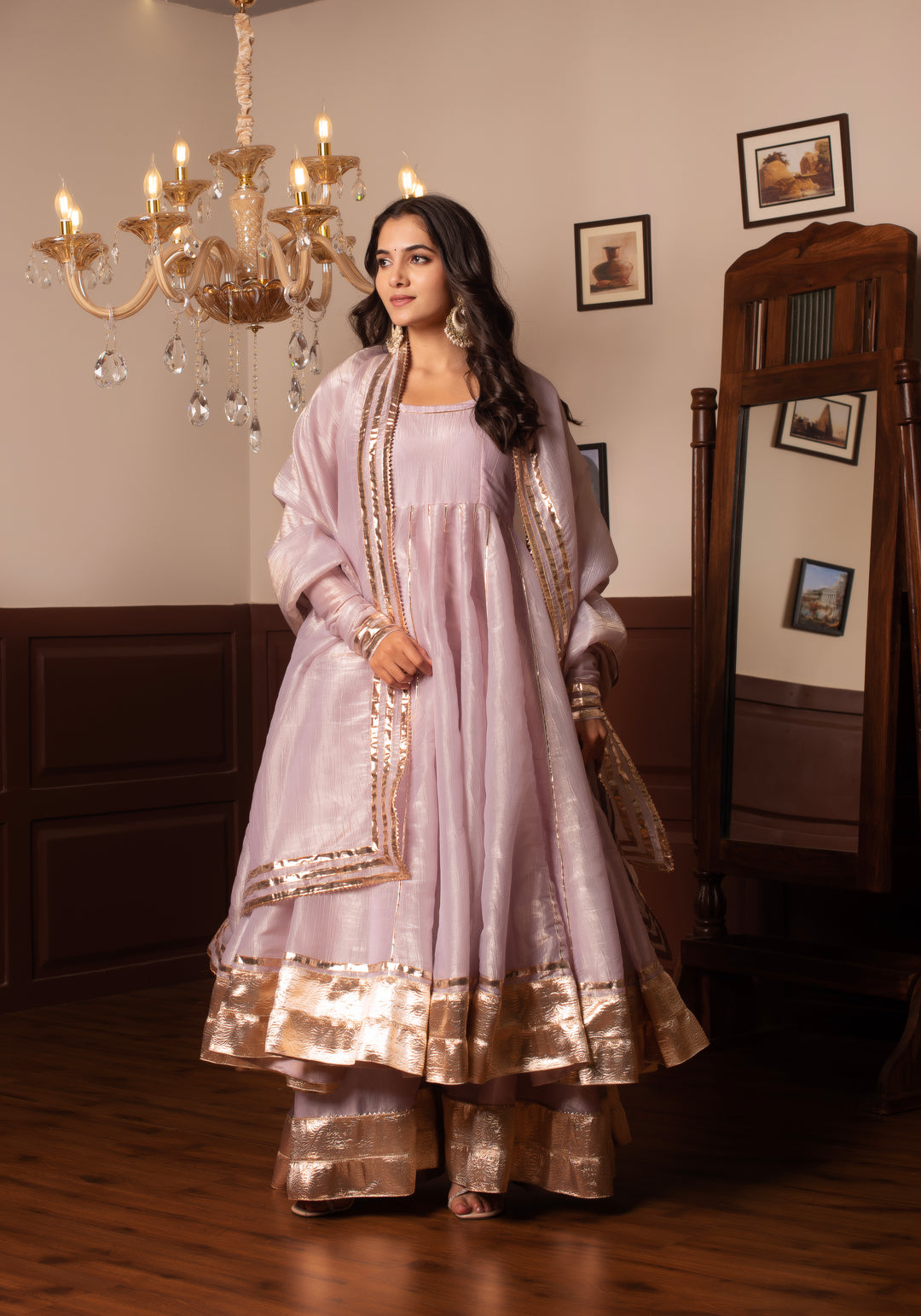 GHAZAL COSMOS SILK LILAC GOTA PATTI KALIDAR ANARKALI  SET