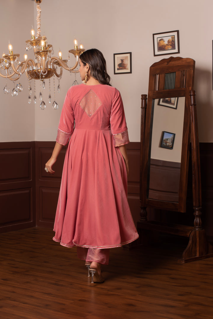 GHAZAL PEACH VELVET ANARKAI  SET WITH COSMOS SILK DUPATTA