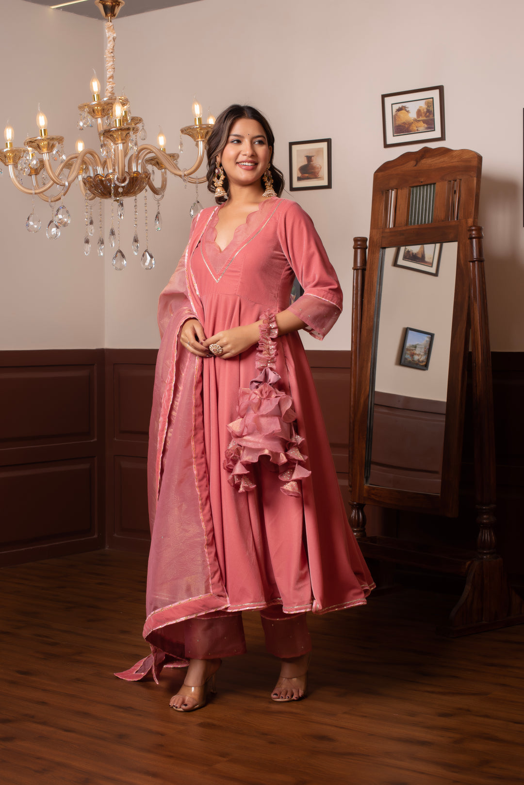 GHAZAL PEACH VELVET ANARKAI  SET WITH COSMOS SILK DUPATTA