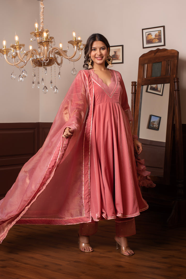 GHAZAL PEACH VELVET ANARKAI  SET WITH COSMOS SILK DUPATTA