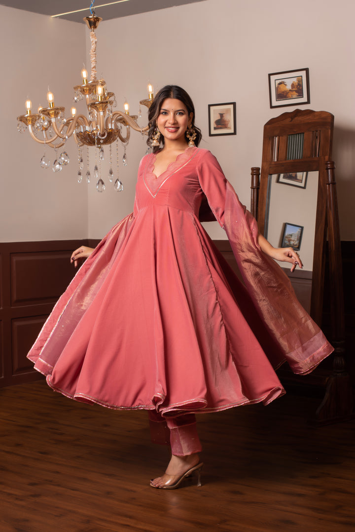 GHAZAL PEACH VELVET ANARKAI  SET WITH COSMOS SILK DUPATTA