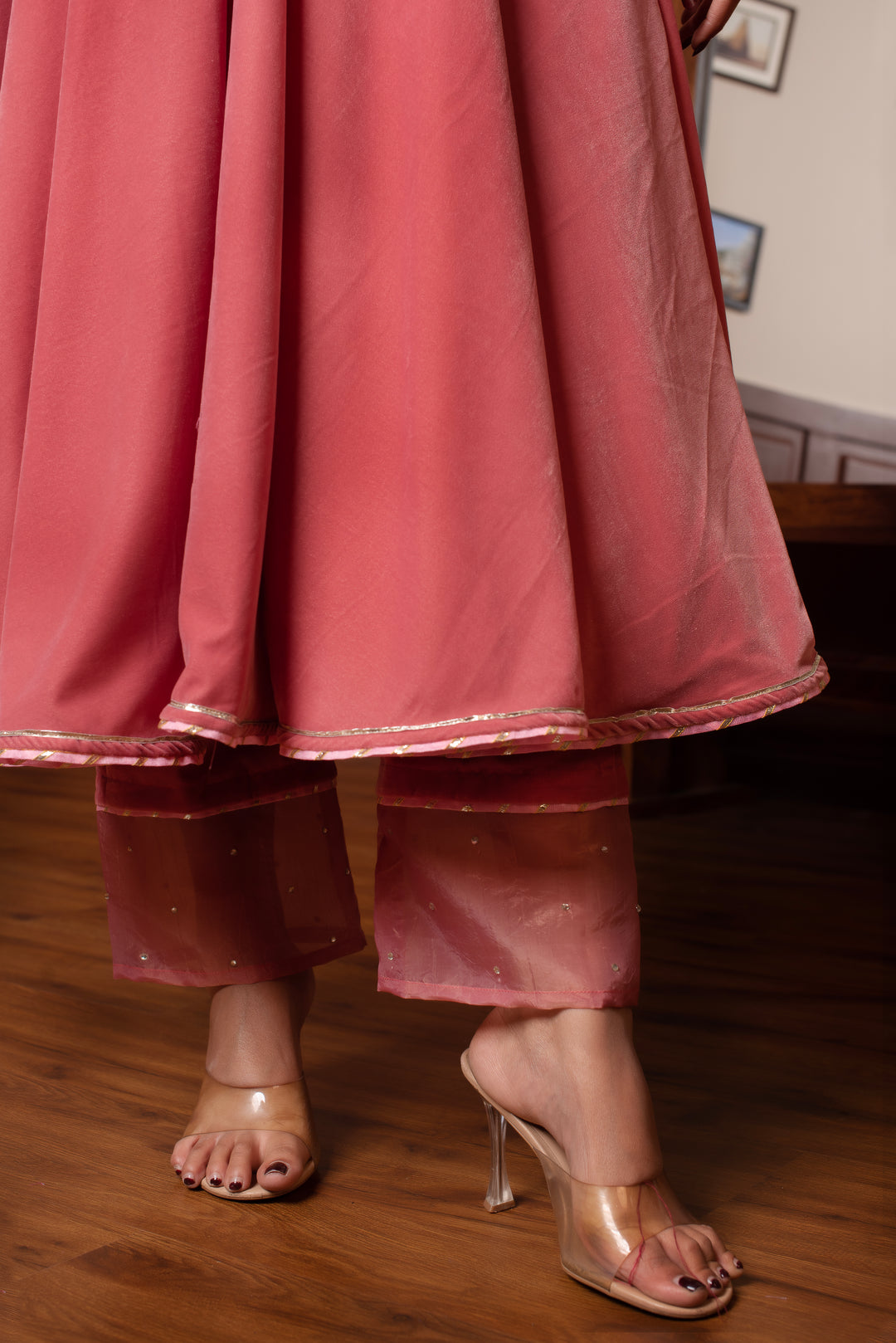 GHAZAL PEACH VELVET ANARKAI  SET WITH COSMOS SILK DUPATTA