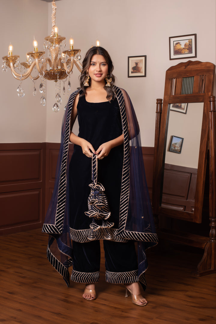 GHAZAL BLUE VELVET GOTA PATTI KURTA SET WITH SOFT NET DUPATTA