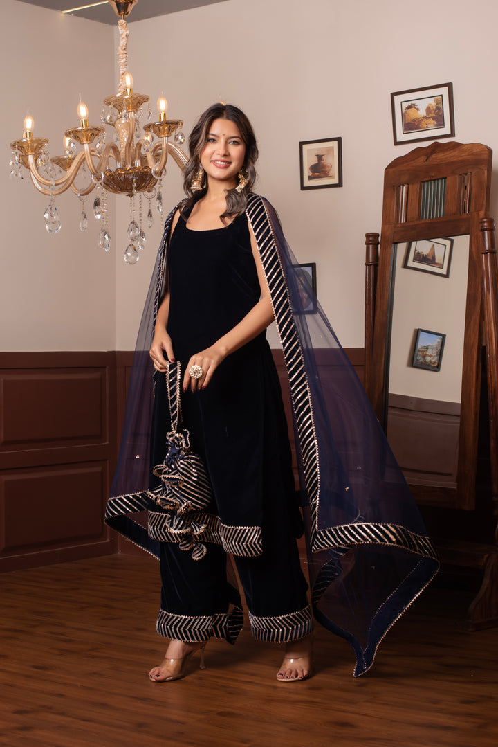 GHAZAL BLUE VELVET GOTA PATTI KURTA SET WITH SOFT NET DUPATTA