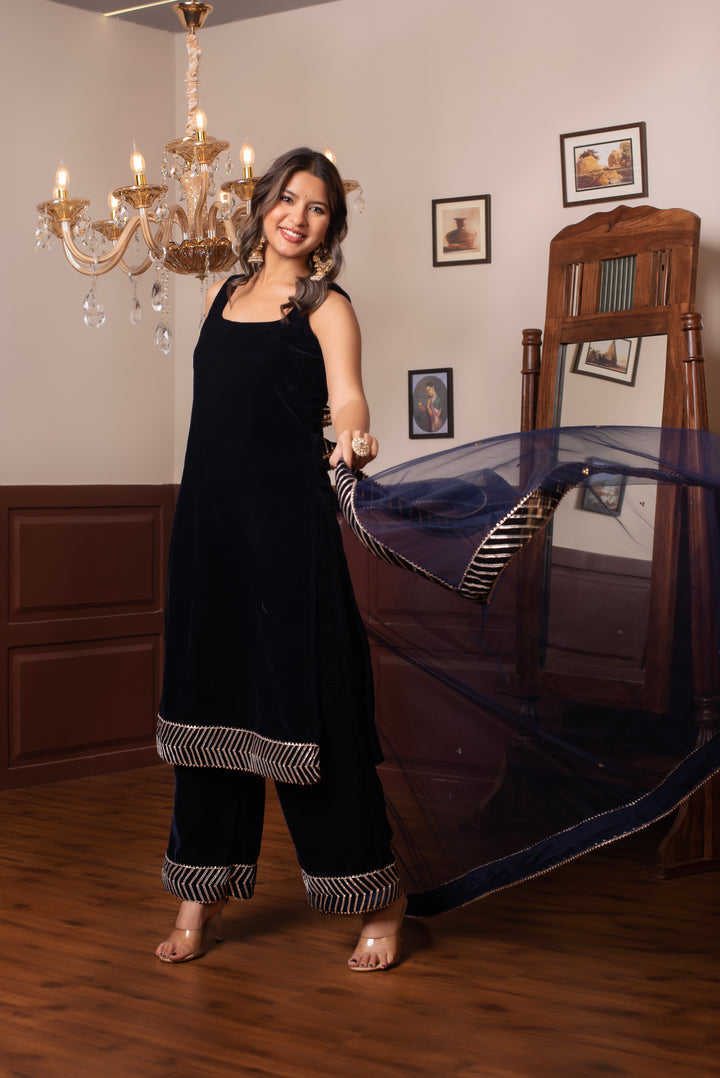 GHAZAL BLUE VELVET GOTA PATTI KURTA SET WITH SOFT NET DUPATTA