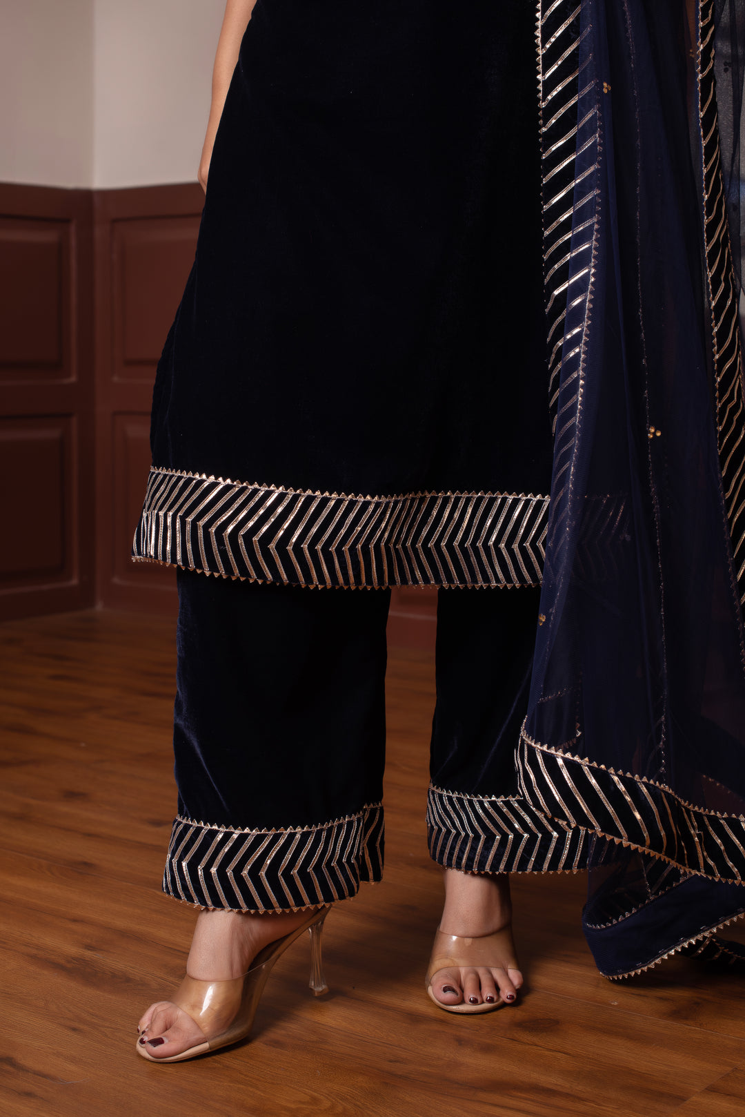 GHAZAL BLUE VELVET GOTA PATTI KURTA SET WITH SOFT NET DUPATTA