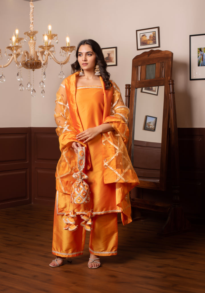 GHAZAL ORANGE TAFFETA SILK GOTA PATTI SUIT SET WITH SOFT NET DUPATTA