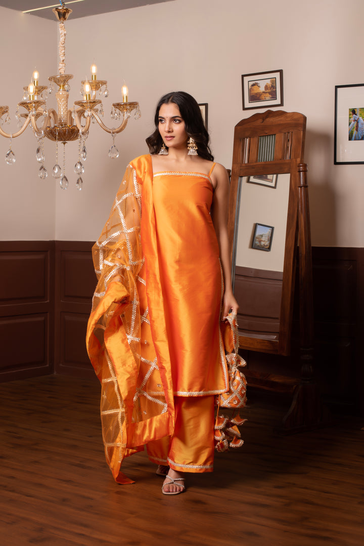 GHAZAL ORANGE TAFFETA SILK GOTA PATTI SUIT SET WITH SOFT NET DUPATTA