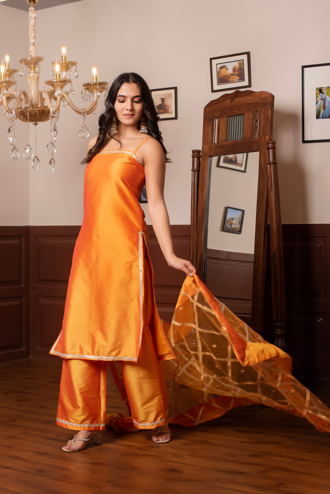 GHAZAL ORANGE TAFFETA SILK GOTA PATTI SUIT SET WITH SOFT NET DUPATTA