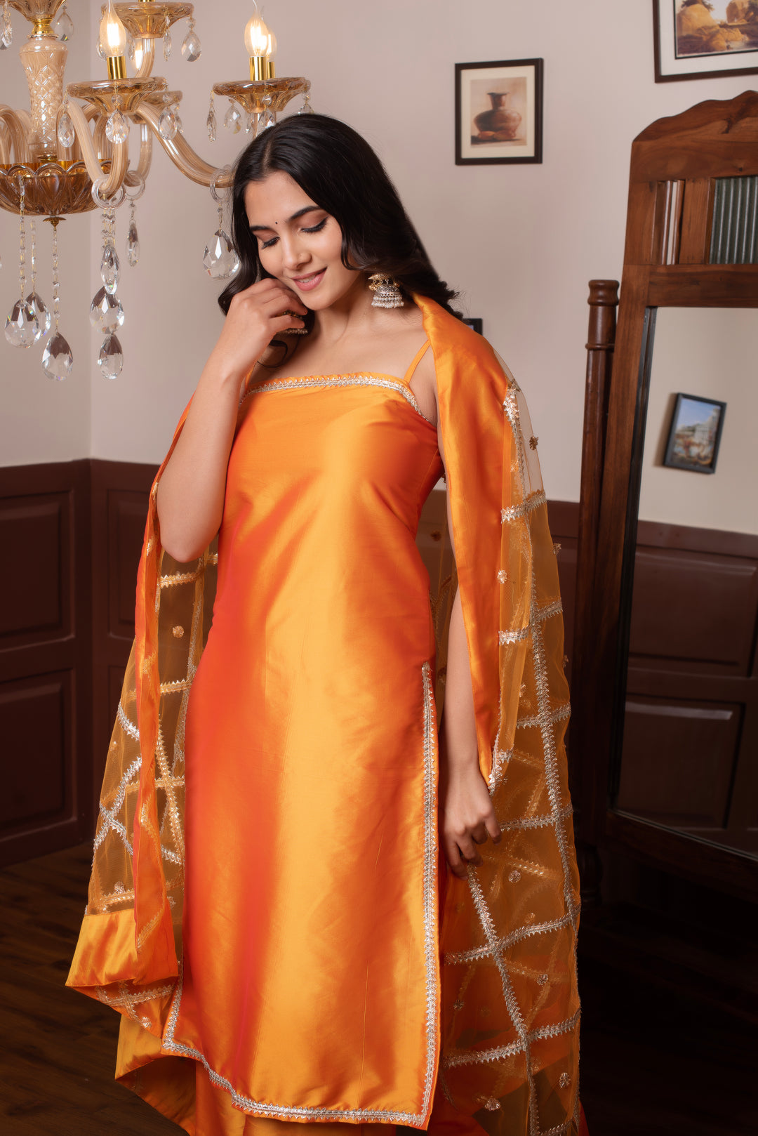 GHAZAL ORANGE TAFFETA SILK GOTA PATTI SUIT SET WITH SOFT NET DUPATTA