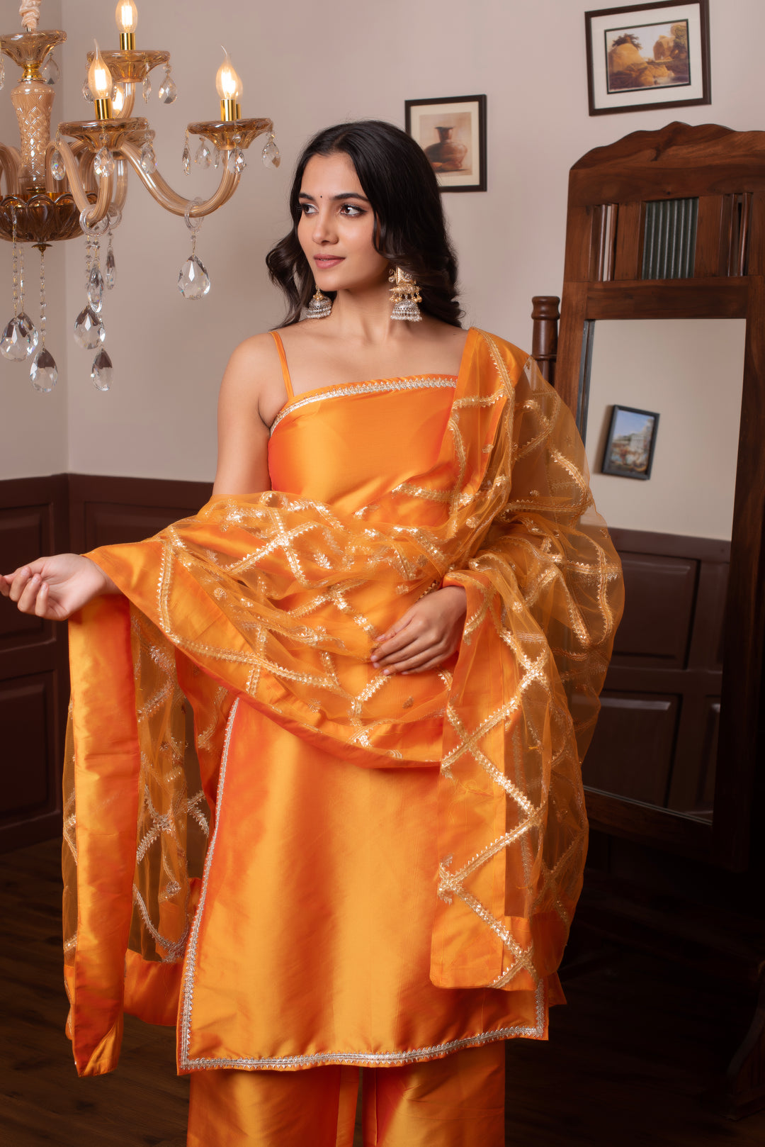 GHAZAL ORANGE TAFFETA SILK GOTA PATTI SUIT SET WITH SOFT NET DUPATTA