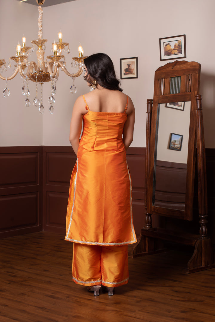 GHAZAL ORANGE TAFFETA SILK GOTA PATTI SUIT SET WITH SOFT NET DUPATTA