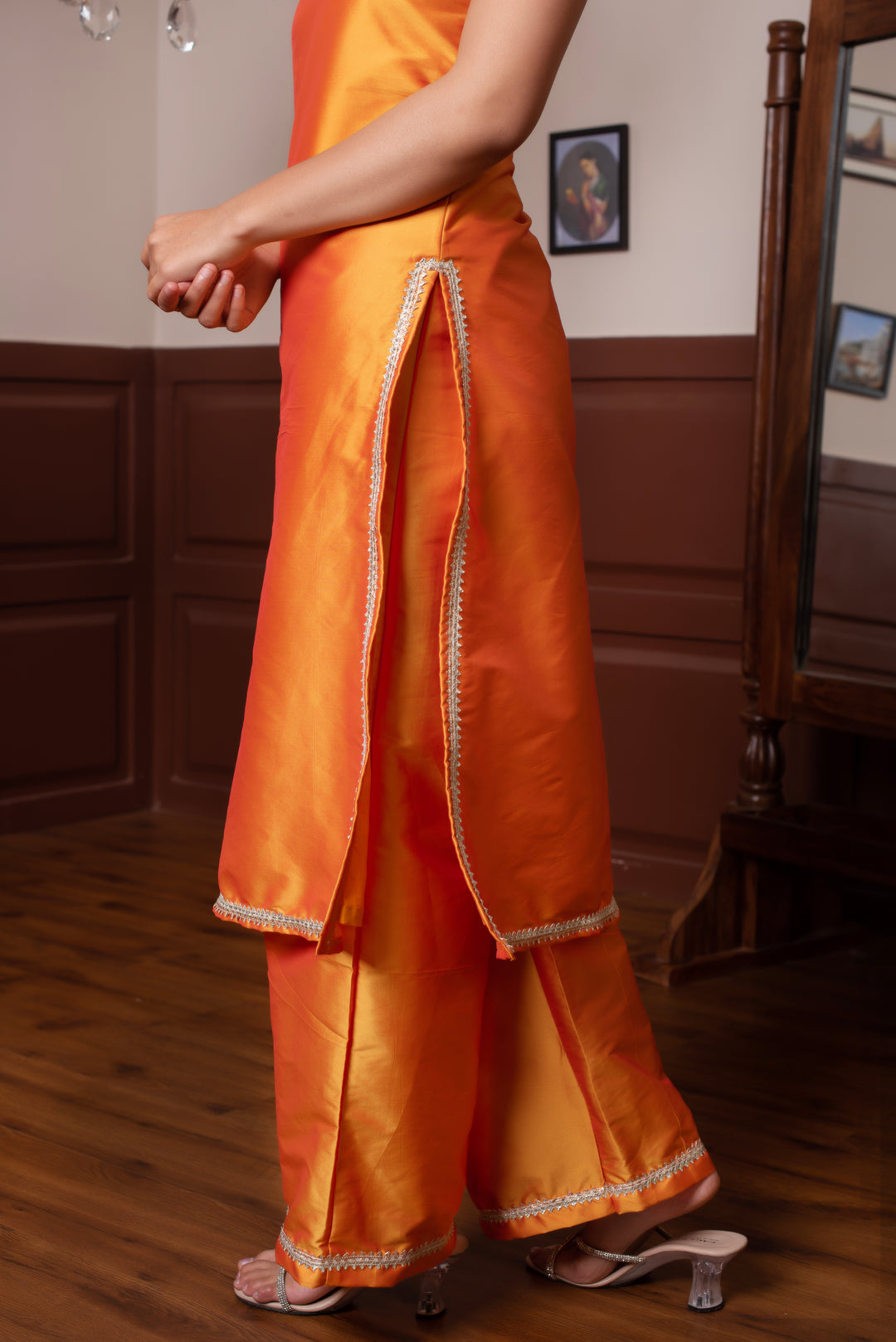 GHAZAL ORANGE TAFFETA SILK GOTA PATTI SUIT SET WITH SOFT NET DUPATTA