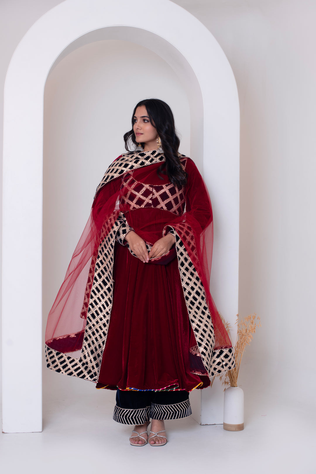 GHAZAL MAROON VELVET GOTA PATTI ANARKALI SET WITH VELVET VEST AND SOFT NET DUPATTA