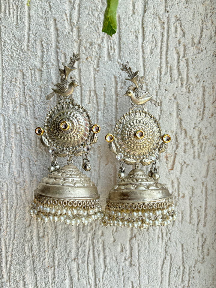 PEACOCK LONG SILVER OXIDISED JHUMKA SET