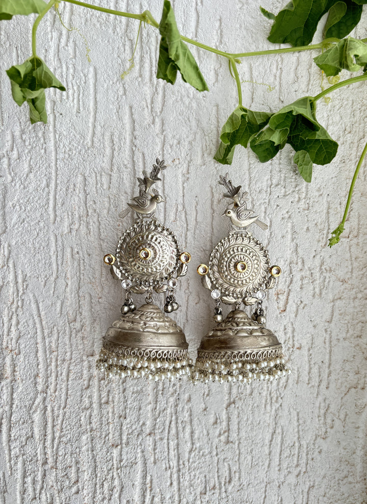 PEACOCK LONG SILVER OXIDISED JHUMKA SET