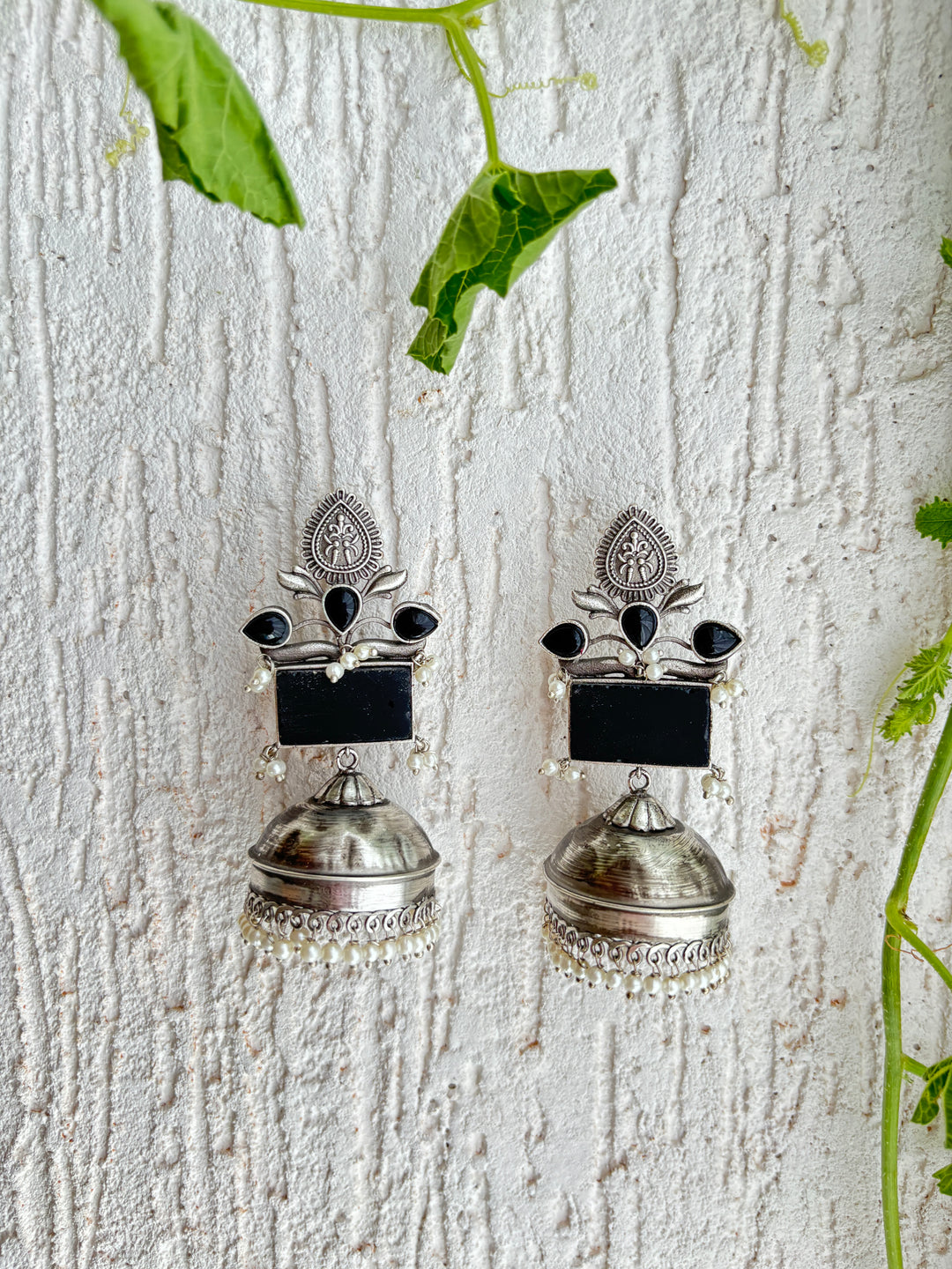 MANJARI STONE SILVER OXIDISED JHUMKA SET