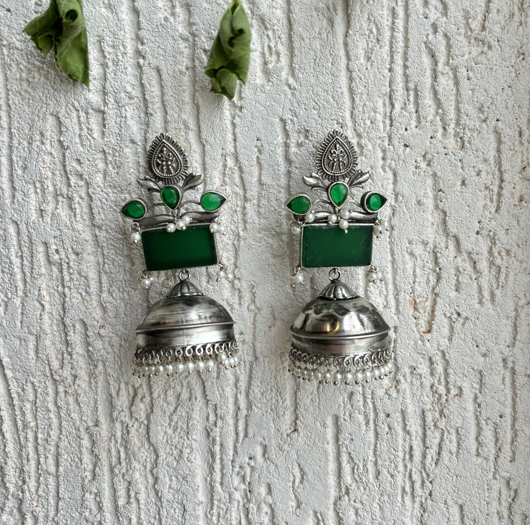 MANJARI STONE SILVER OXIDISED JHUMKA SET