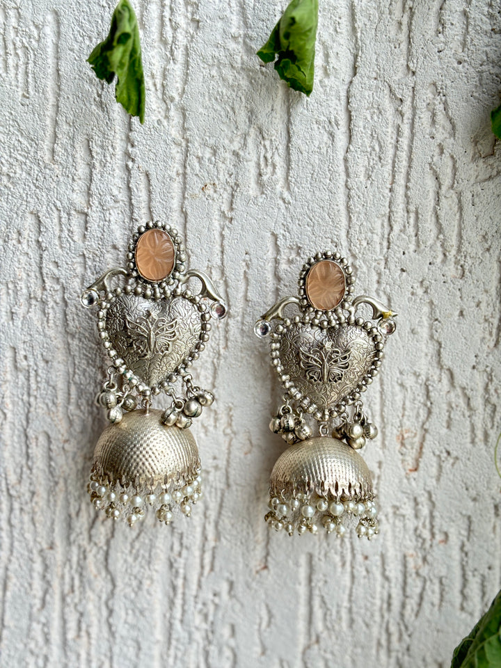 BEIGE STONE SILVER OXIDISED EARRING SET