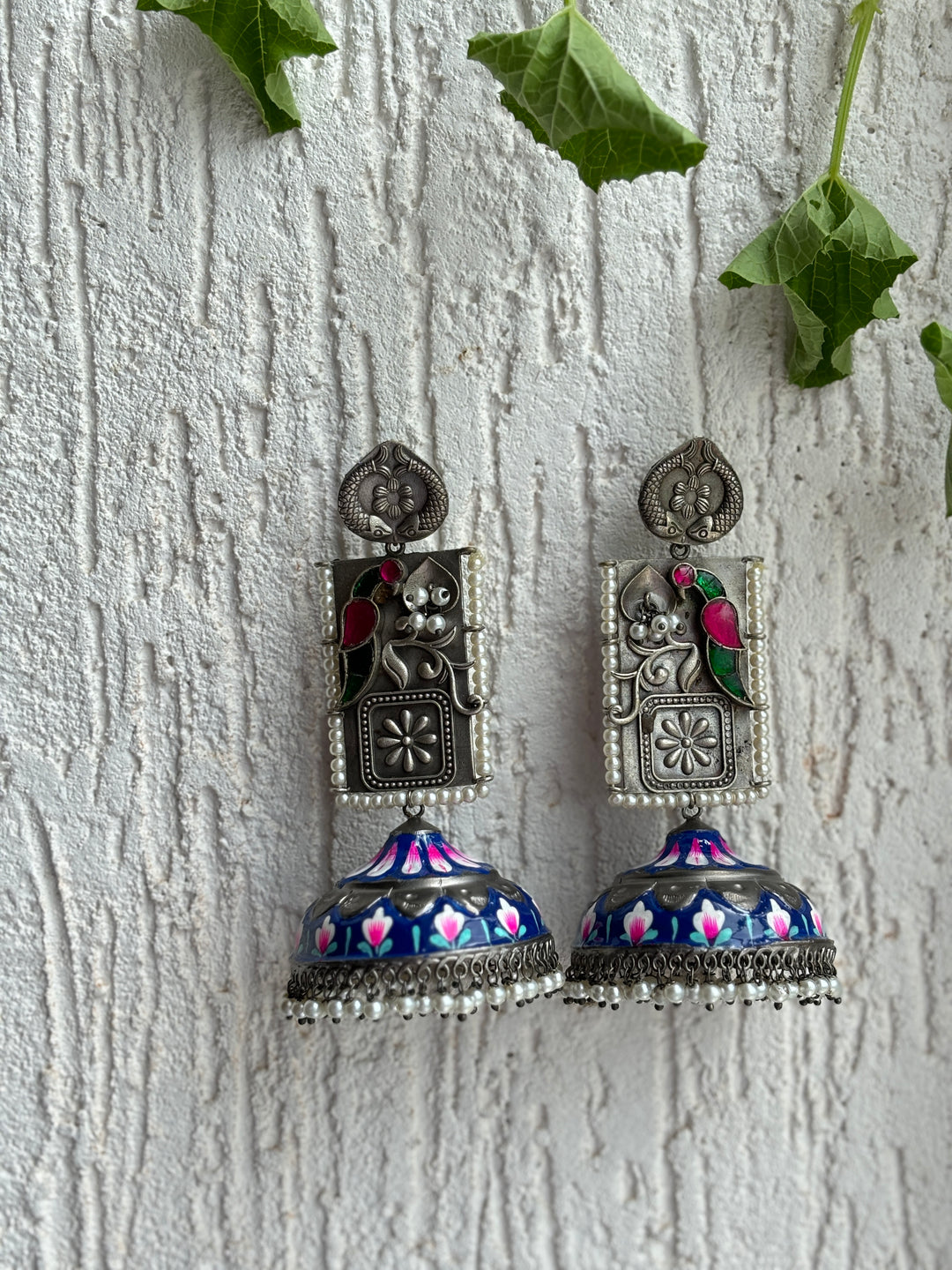 PEACOCK HAND PANTED OXIDISED EARRING SET