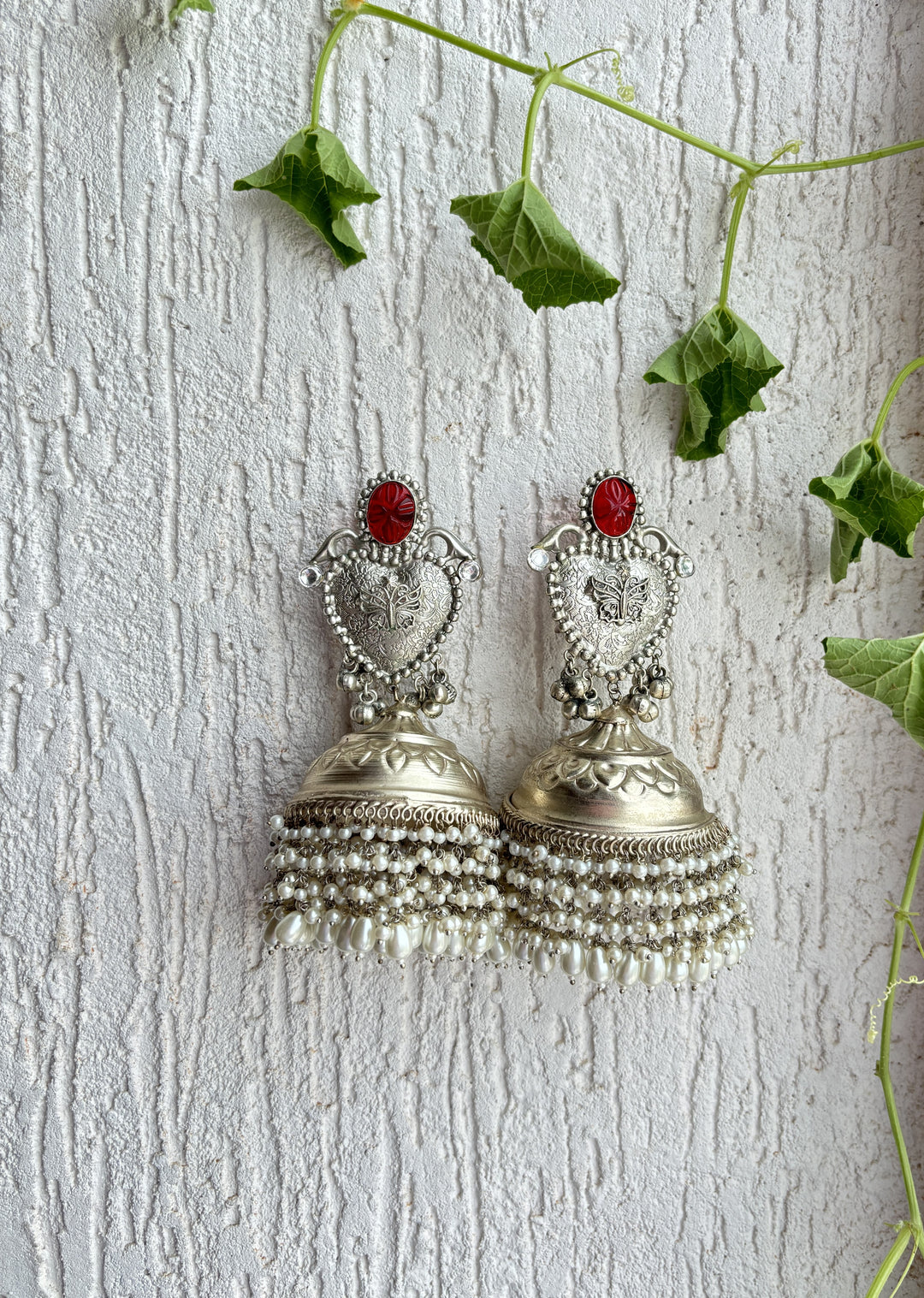 RED HEART PEARL SILVER OXIDISED LONG EARRING SET