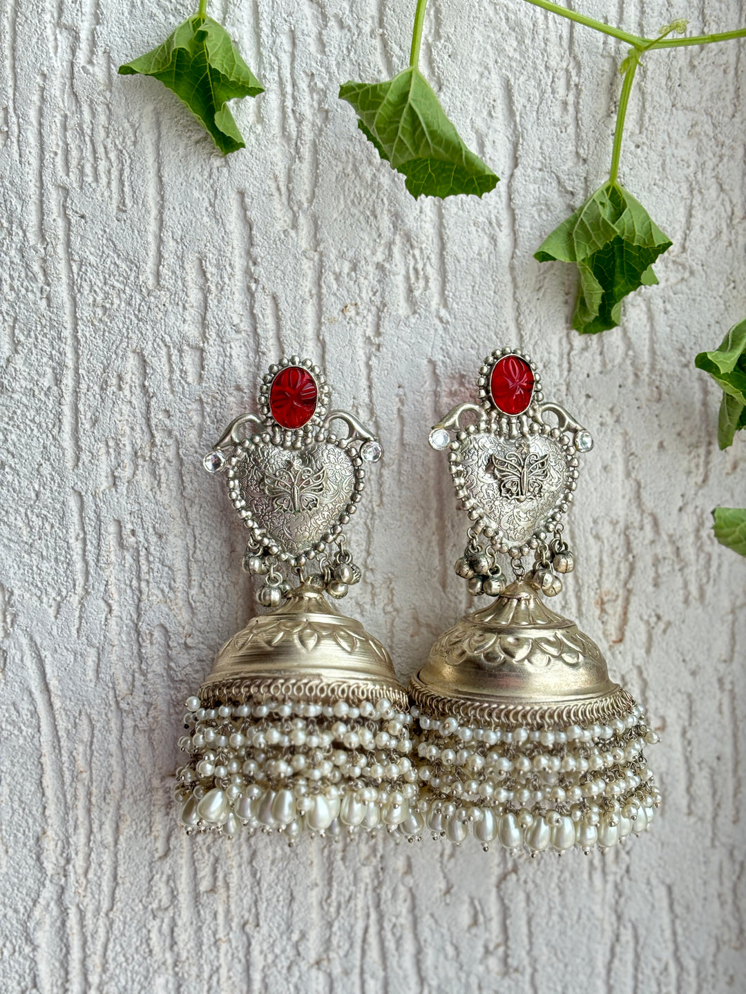 RED HEART PEARL SILVER OXIDISED LONG EARRING SET