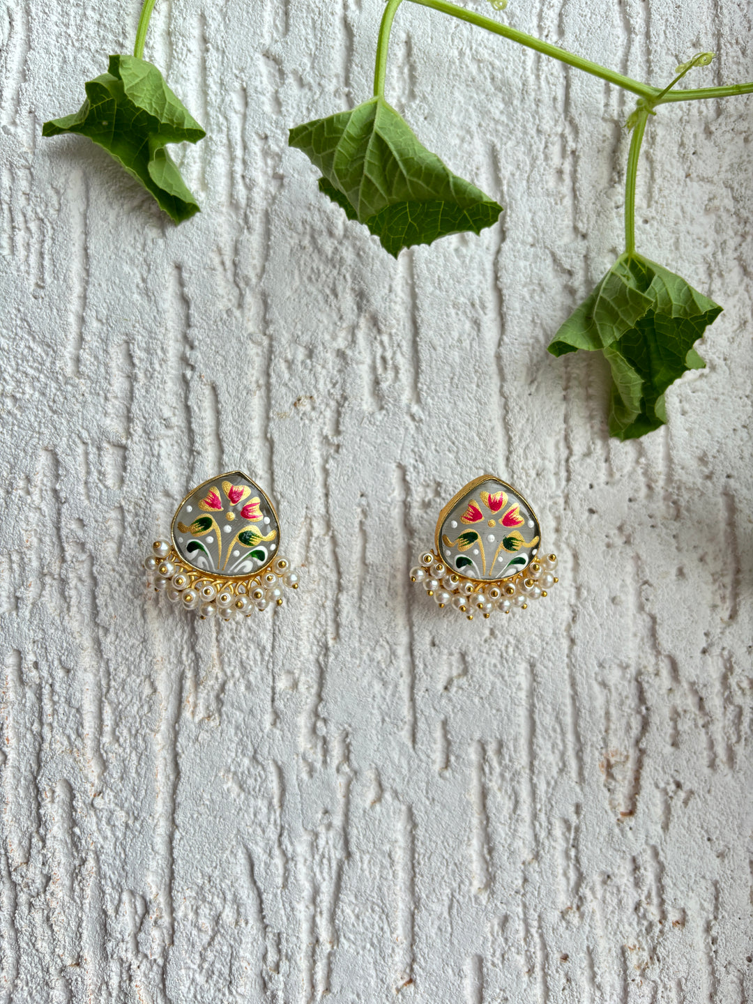 JAIPURI HAND PAINTED STONE PEARL  EARRING SET