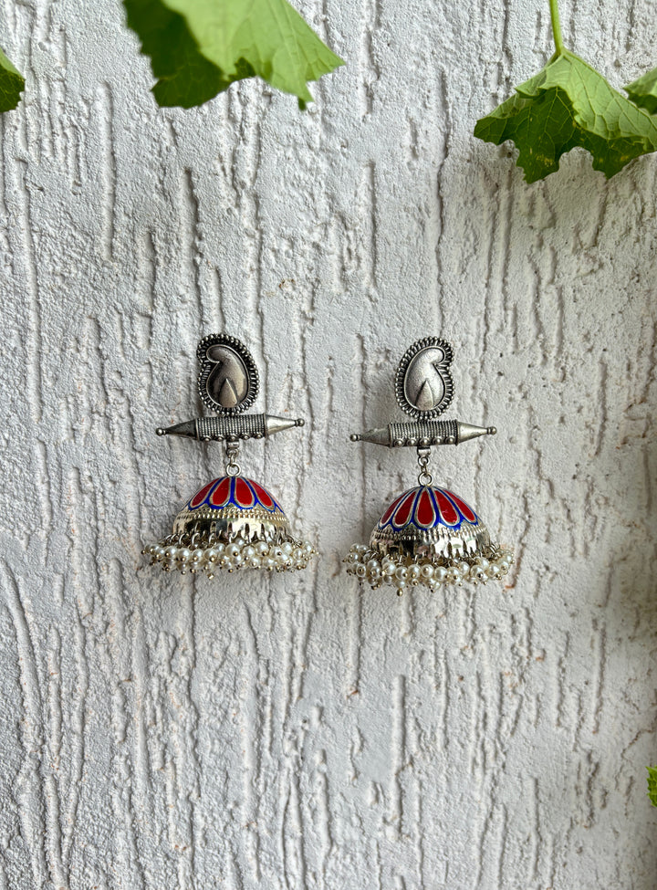 RAATRAANI HAND PAINTED SILVER OXIDISED EARRING SET