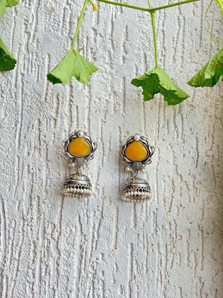 KALAKRITI STONE SILVER OXIDISED JHUMKA SET