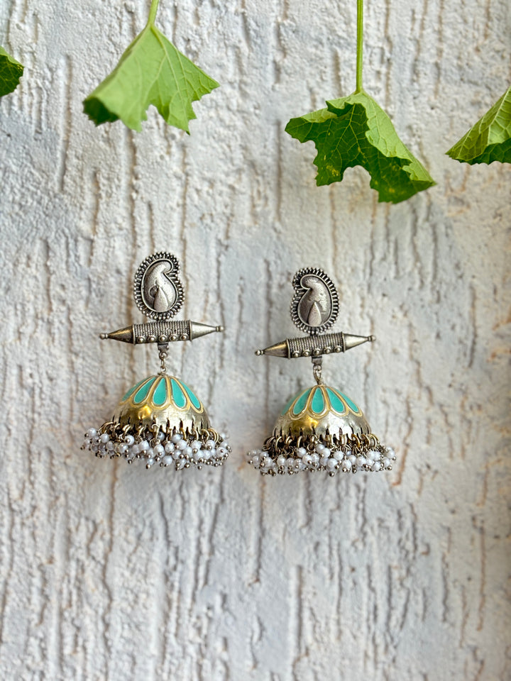 RAATRAANI HAND PAINTED SILVER OXIDISED EARRING SET