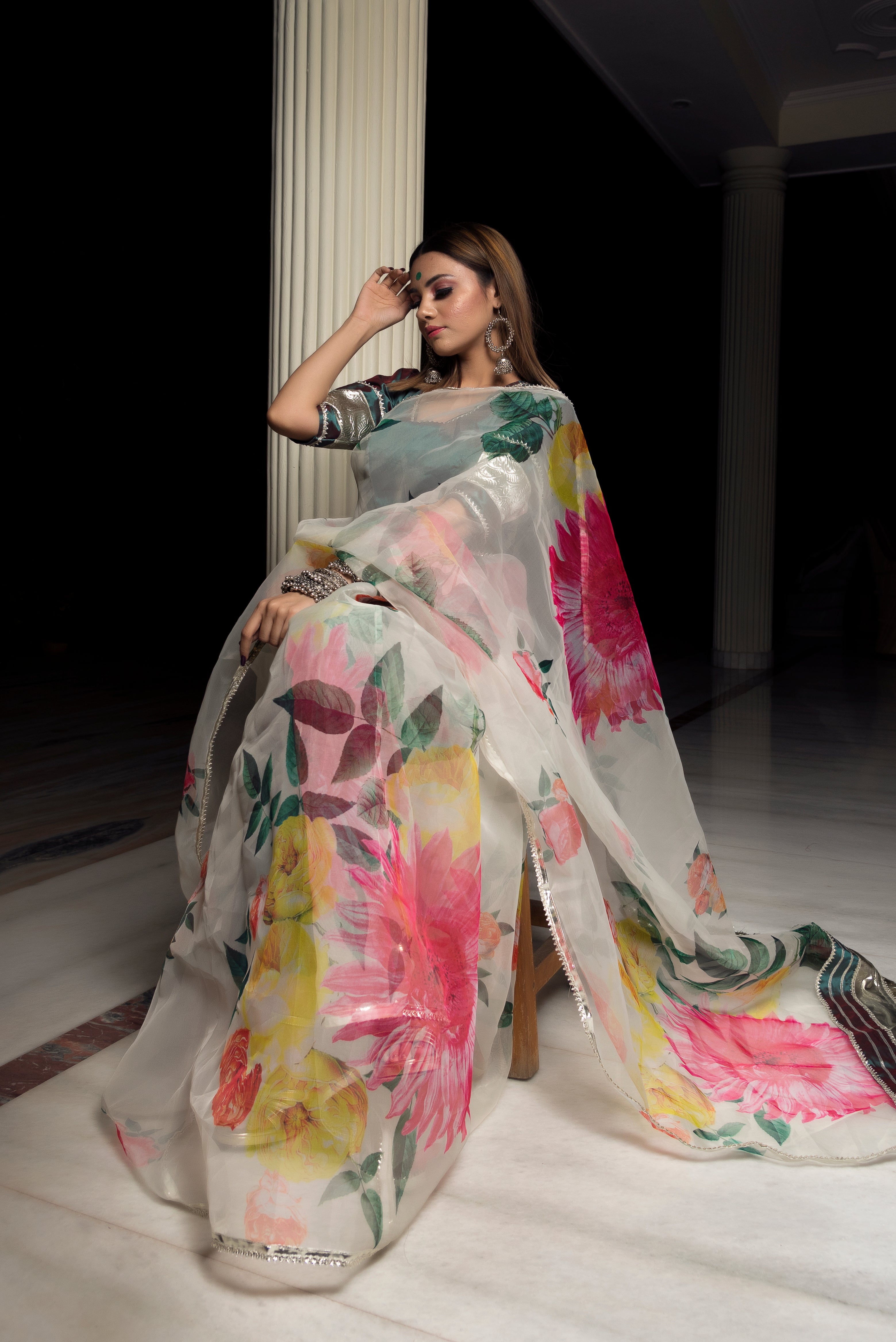 Off White Sari Saree Indian Ethnic Bollywood Saree Thread Work Organza Saree  | eBay