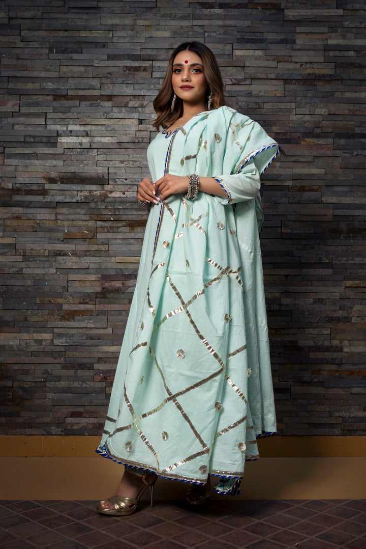 Celestial Blue Pure Cotton Anarkali Set - Pomcha Jaipur