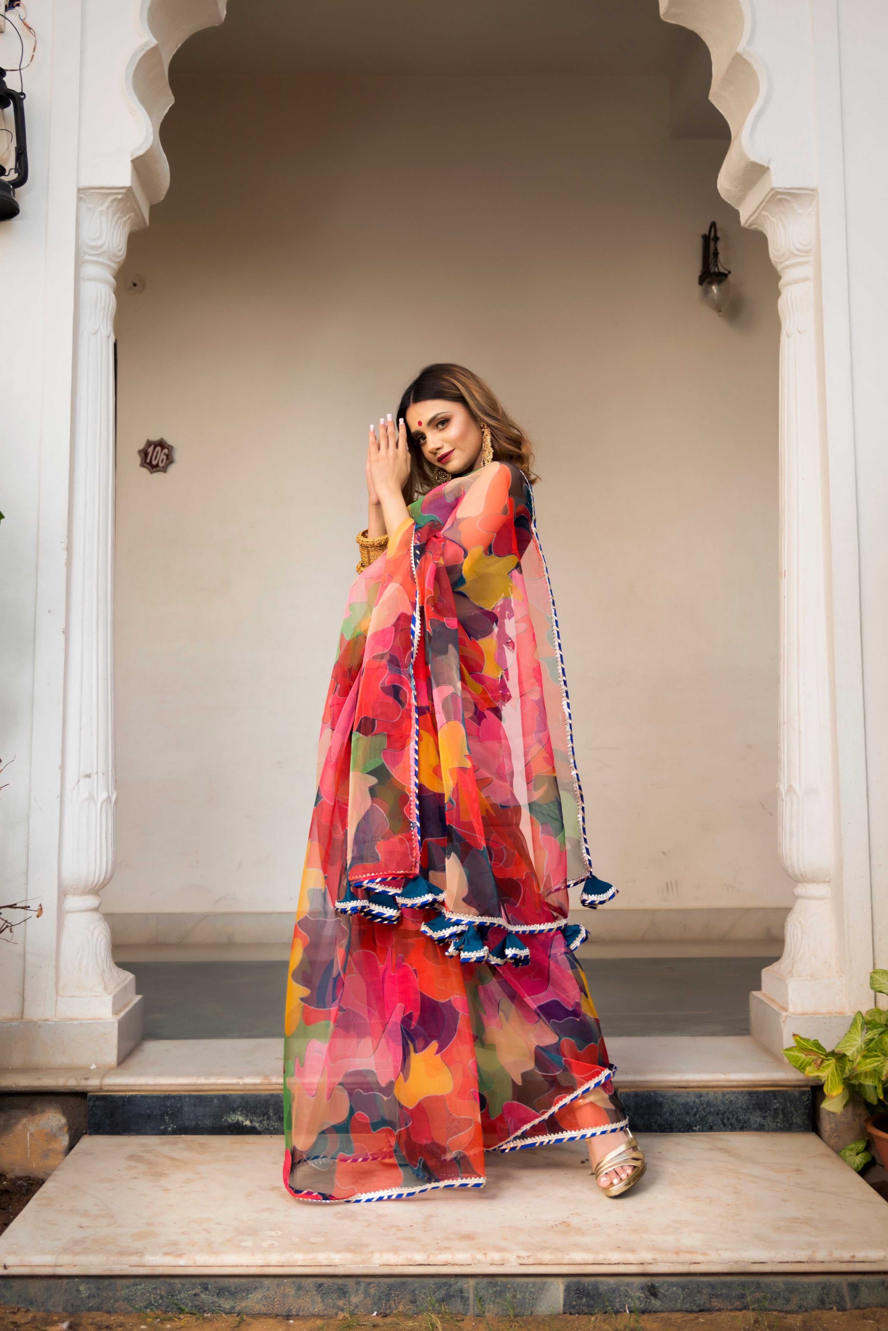 Buy Multi Colored Satin Silk Ready To Wear Saree With Blouse